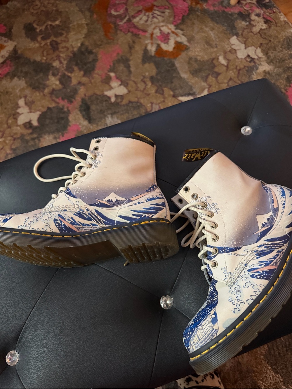 Dr Martens Canvas Wave-Print Lace-Up Boots in Blue and Cream Limited Edition - Picture 3 of 4